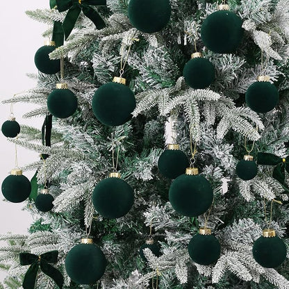 Velvet Christmas Ball Ornaments Set-46pcs Flocked Shatterproof Christmas Tree Decorations Plastic Xmas Decorative Hanging Ornaments for Xmas Holiday Home Decor,3 Sizes(Dark Green)