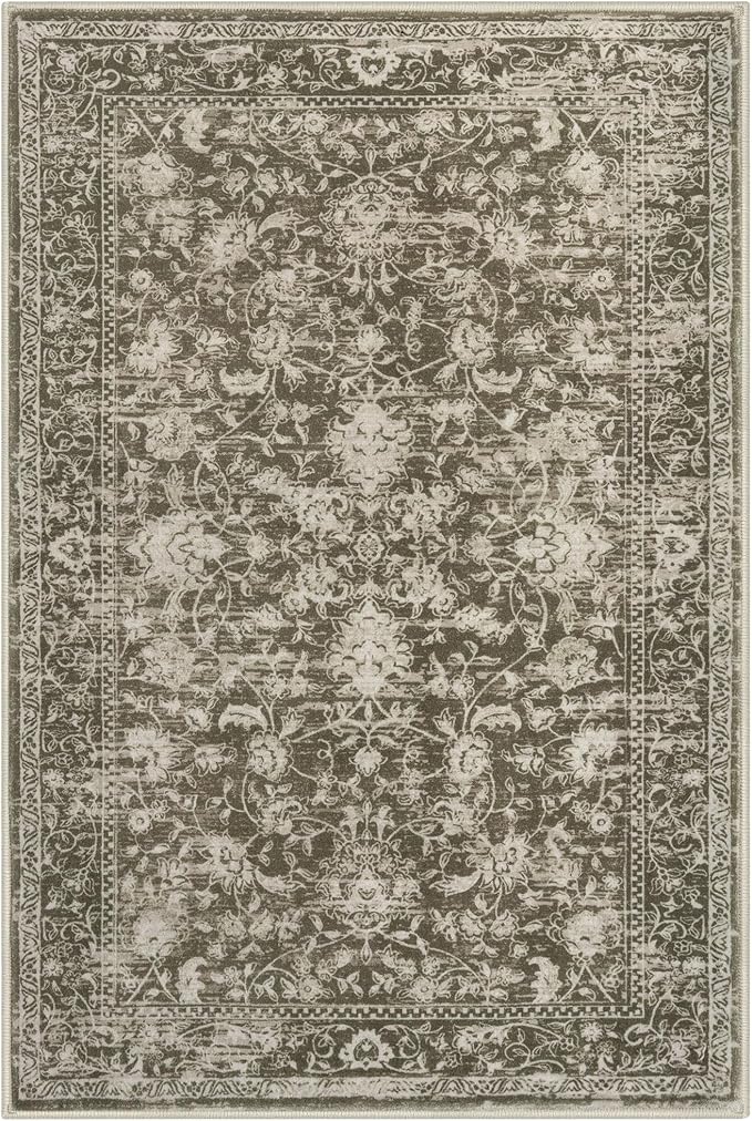 KILOCOCO Area Rug 3x5 Entryway Rug Washable Printed Vintage Floral Rubber Backed Non Slip Indoor Kitchen Rugs for Living Room Laundry Room Playroom Mudroom Moroccan Area Rugs, Taupe/Green