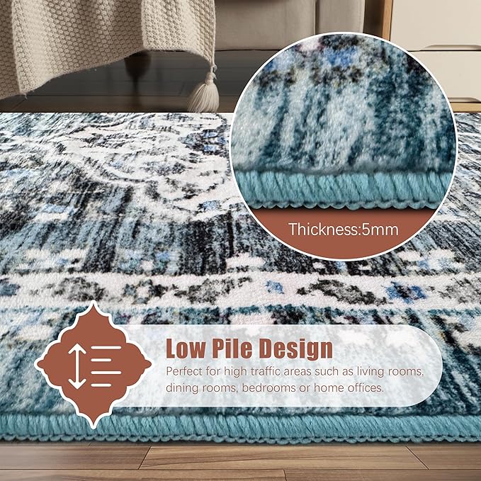 3' x 5 ' Washable Area Rug - Low Pile Soft Vintage Indoor Rug for Living, Dining or Bedroom - Lightweight Carpet with Non-Slip Backing - Foldable for Easy Placement, Ocean Blue