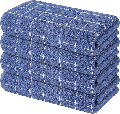 Mordimy 100% Cotton Terry Cloth Kitchen Towels, Super Soft and Absorbent Dish Towels for Drying, Checkered Designed Hand Towels for Kitchen, 16 x 26 Inches, 4 Pack, Navy