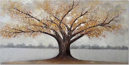 Alenoss 3D Modern Oil Painting on Canvas 24x48, Large Abstract Textured Tree Paintings Canvas Wall Art Home Decorations Framed Wall Art Pictures for Bedroom Living Room Wall Decor