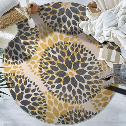 Rugshop Modern Yellow Floral Circles Design Area Rug – Elegant Non-Shedding, 6'6" Round for Living Room, Bedroom, Dining Room, Kitchen