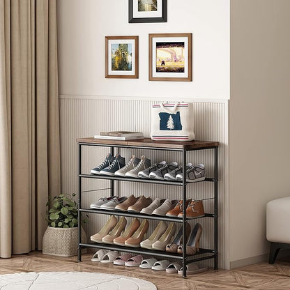 Shoe Rack Organizer 5 Tier Metal Organizer Shelf with Industrial MDF Board and Layer Fabric for Entryway Closet Bedroom Living Room Garage,Black & Rustic Brown (Black+Rustic Brown, 4 Tier)