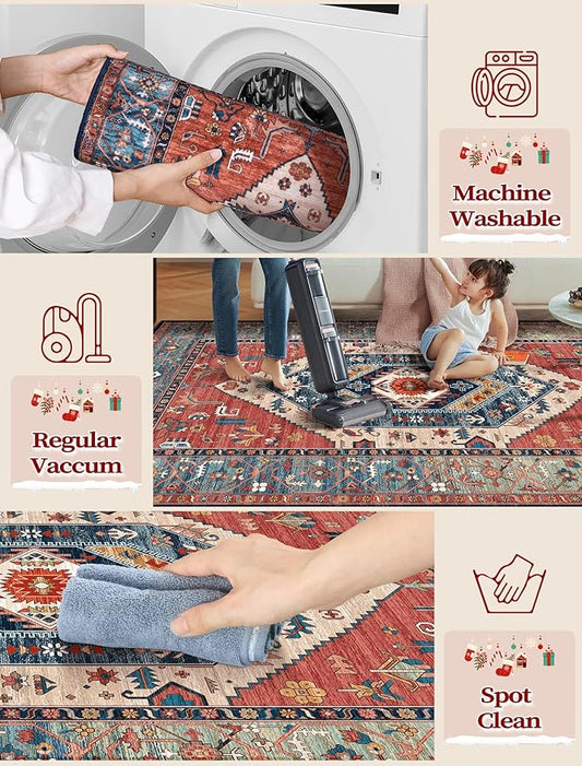 SERISSA Boho Kitchen Runner Rug, 3x7 Washable Non-Slip Runner Rug for Hallways Kitchen Rug, Ultra Soft Vintage Rust Print Distressed Tribal Floor Carpet Runner for Bedroom Entryway Laundry Room