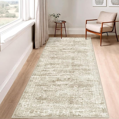 3x8 Runner Rug Non Slip Washable for Entryway, Vintage Hallway Runner for Front Porch, Laundry Room, Bedroom, Abstract Stain Resistant Thin Indoor Kitchen Mats for Floor(3'x8', Brown/Ivory)