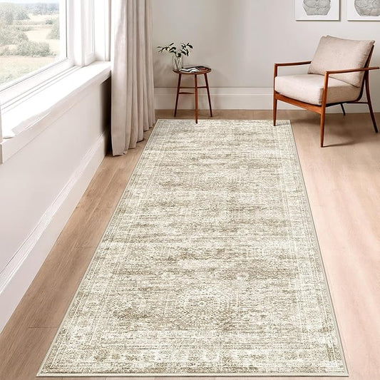 3x8 Runner Rug Non Slip Washable for Entryway, Vintage Hallway Runner for Front Porch, Laundry Room, Bedroom, Abstract Stain Resistant Thin Indoor Kitchen Mats for Floor(3'x8', Brown/Ivory)