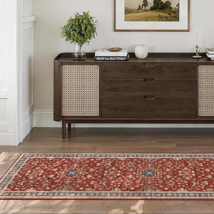 Washable 2x6 Runner Rugs for Kitchen Hallway,Red Boho Rug for Bedroom Bedside Laundry Room Bathroom Rug, Non Slip Low Pile Soft 24 x 72 Floor Modern Carpet, Red/Gold
