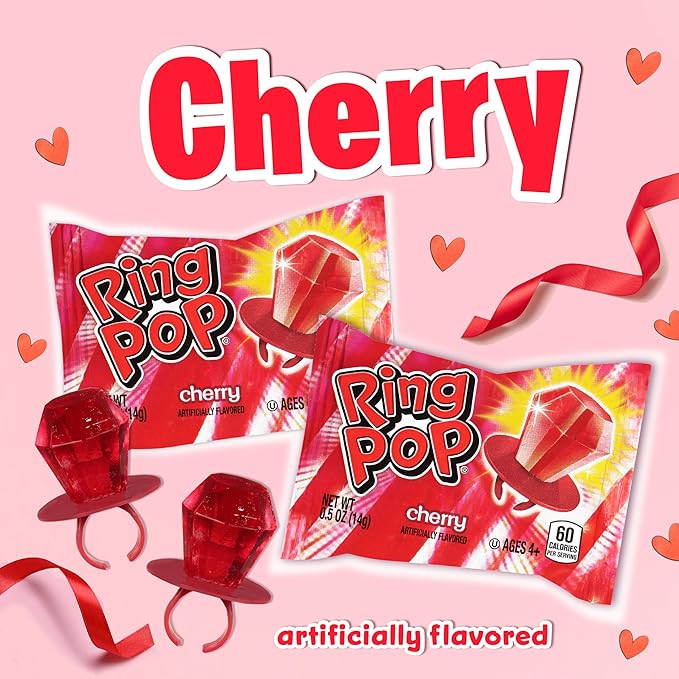Ring Pop Red Valentine's Candy Lollipops, 30 Ct Bulk Individually Wrapped in Red Cherry Flavor, Full Size, Fun Hard Candy For Birthday Parties, Valentine's Gifts, Goodie Bags, Party Favors