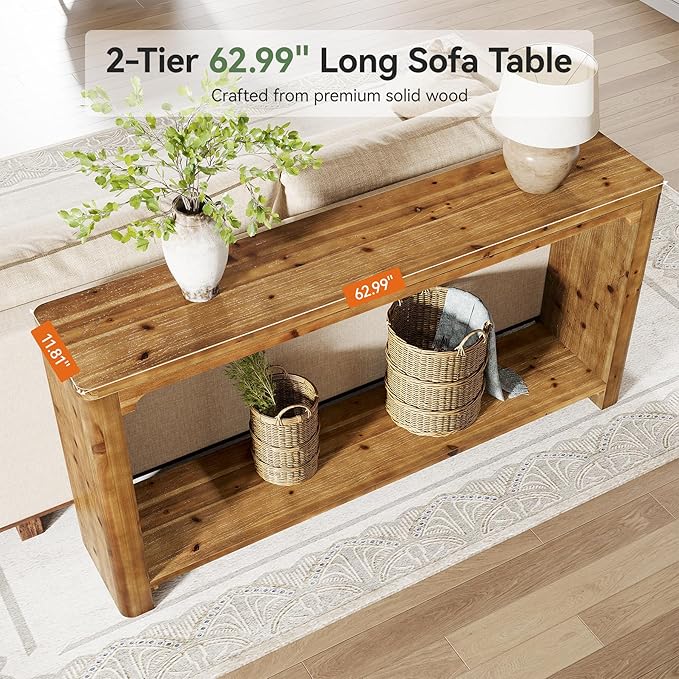 2-Tier Solid Wood Console Table, 63" Farmhouse Couch Table Behind Sofa, Entryway Table with Storage for Living Room, Entrance, Foyer, Hallway (Rustic Brown)