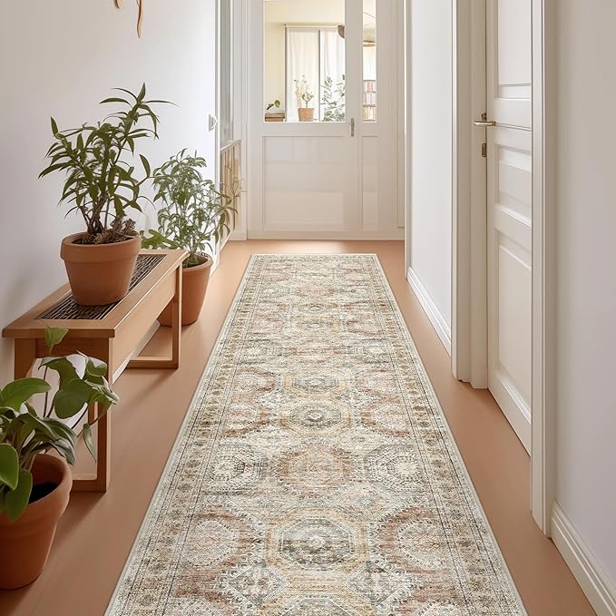 Rug Runners for Hallways Non Slip - 2x8 Runner Rug for Bedroom, Washable Runner with Rubber Backing, Soft Low-Pile Carpet for Kitchen, Laundry, Bathroom (2'x8', Brown/Pink)