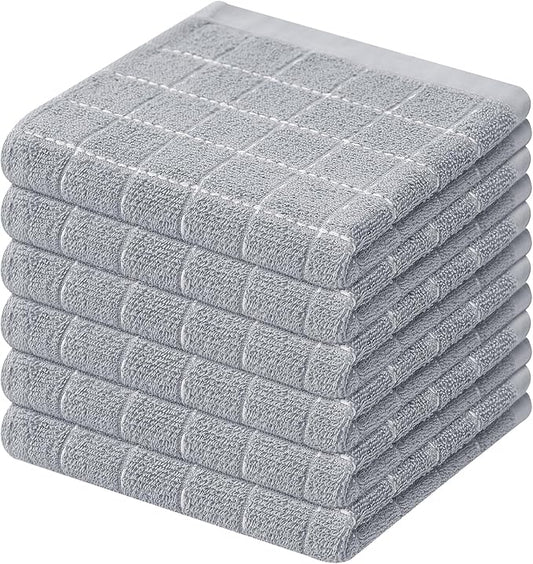 Mordimy 100% Cotton Terry Cloth Dish Cloths, Soft and Absorbent Checkered Dish Towels, Quick Drying Dish Rags for Washing Dishes, 6 Pack, 12 x 12 Inches, Light Grey