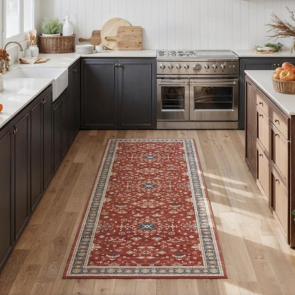 Washable 2x6 Runner Rugs for Kitchen Hallway,Red Boho Rug for Bedroom Bedside Laundry Room Bathroom Rug, Non Slip Low Pile Soft 24 x 72 Floor Modern Carpet, Red/Gold