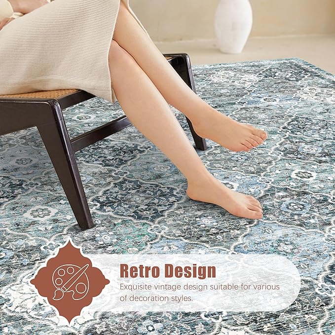 9' x 12' Washable Area Rug - Low Pile Soft Vintage Indoor Rug for Living, Dining or Bedroom - Lightweight Carpet with Non-Slip Backing - Foldable for Easy Placement, Ocean Blue