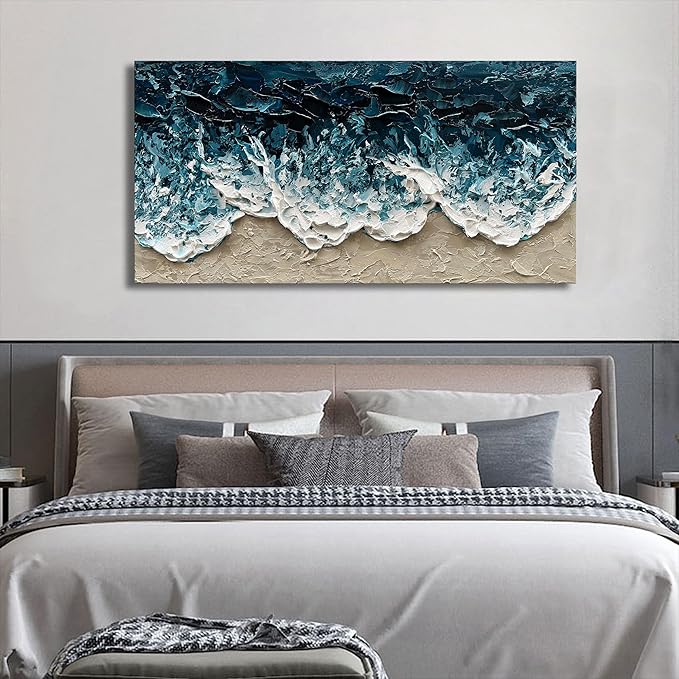 Art Hand-Painted Blue Ocean Beach Landscape Oil Painting Large Abstract Canvas Art Home Wall Decoration 24x48 inches