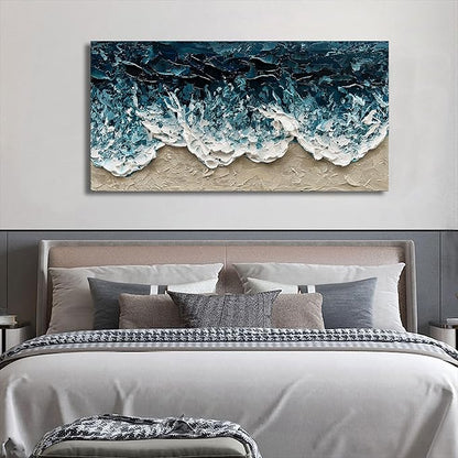 Art Hand-Painted Blue Ocean Beach Landscape Oil Painting Large Abstract Canvas Art Home Wall Decoration 24x48 inches