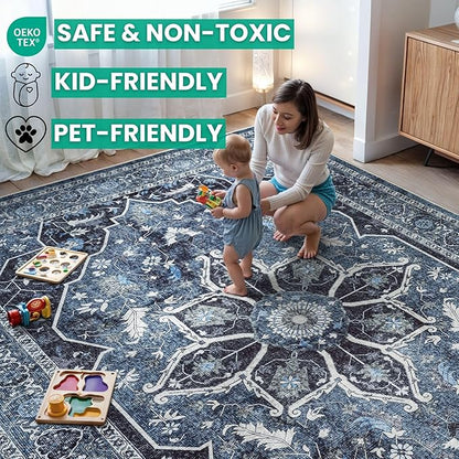 Bloom Rugs Caria Washable Non-Slip 6x9 Rug - Blue/Charcoal Traditional Area Rug for Living Room, Bedroom, Dining Room, and Kitchen - Exact Size: 6' x 9'