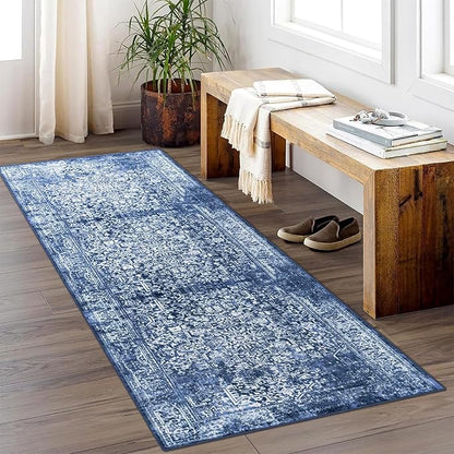 vivorug Runner Rug 2x10 Machine Washable Rug with Non-Slip Backing, Ideal for Kitchen Hallway Entryway Laundry Room - Vintage, Durable, Easy Clean, Low Pile Carpet Runner, Navy Blue
