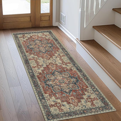 GENIMO 2x12 Runner Rugs for Hallway, Machine Washable Non Slip Vintage Rugs, Low Pile Lightweight Soft Print Rug for enrtyway, Corridor, Home Office, Kitchen, Bordeaux