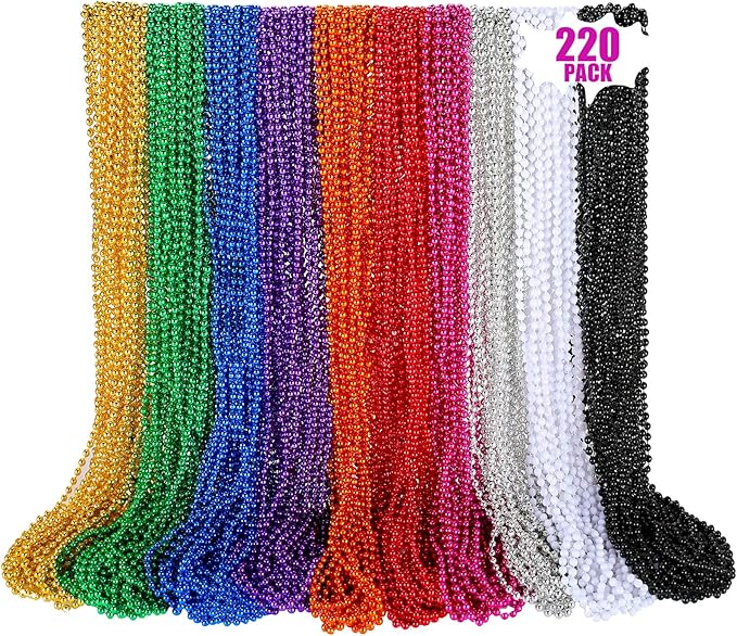 220 PCS Colorful Bead Necklace, 33 Inch Mardi Gras Christmas Beads, Bulk Metallic Party Beads for Mardi Gras Parade, St Patricks Day, Wedding, Birthday, Pirate Party, Carnival Party Favors