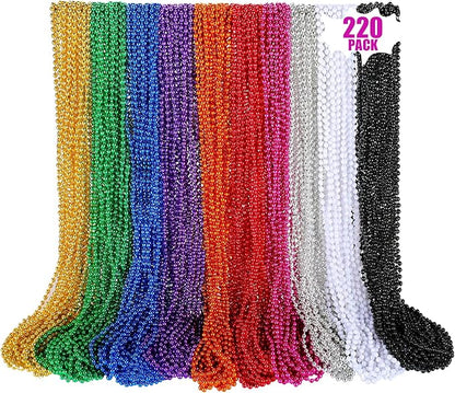 220 PCS Colorful Bead Necklace, 33 Inch Mardi Gras Christmas Beads, Bulk Metallic Party Beads for Mardi Gras Parade, St Patricks Day, Wedding, Birthday, Pirate Party, Carnival Party Favors