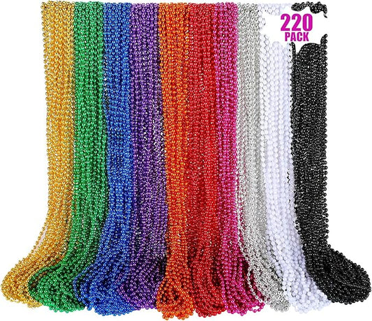 220 PCS Colorful Bead Necklace, 33 Inch Mardi Gras Christmas Beads, Bulk Metallic Party Beads for Mardi Gras Parade, St Patricks Day, Wedding, Birthday, Pirate Party, Carnival Party Favors