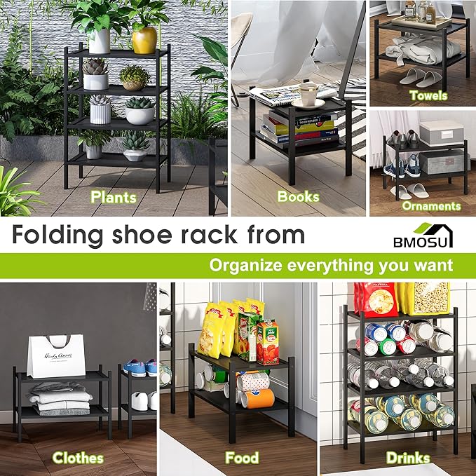 BMOSU 2-Tier Bamboo Small Shoe Rack Premium Stackable Shoe Shelf Storage Organizer for Hallway Closet Living Room Entryway Organizer(Black)