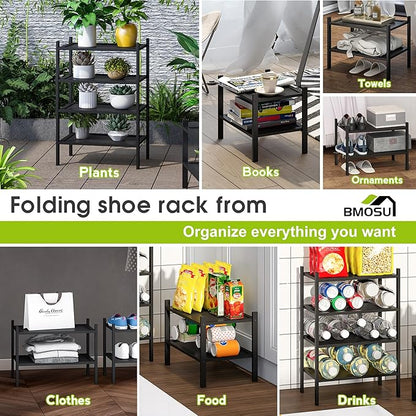 BMOSU 2-Tier Bamboo Small Shoe Rack Premium Stackable Shoe Shelf Storage Organizer for Hallway Closet Living Room Entryway Organizer(Black)