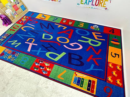 Alphabet and Numbers Teaching Toddler Rug, 7'6" x 12' Rectangle, Educational Classroom Rug, Kids Learning Play Mat | Area Rug for Bedroom or Playroom