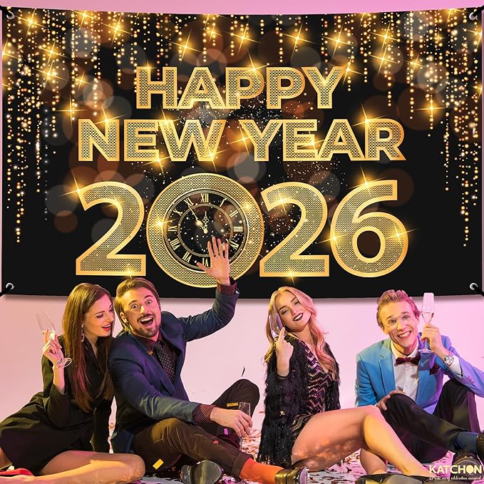 KatchOn, XtraLarge Happy New Year Banner - 72x44 Inch | New Year Backdrop 2026 | New Years Decorations 2026 | NYE Eve Banner For NYE Decorations 2026 | New Years Eve Party Supplies 2026