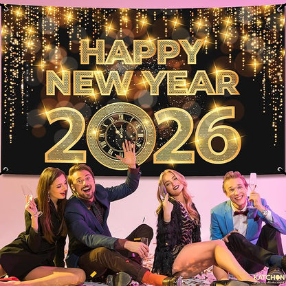 KatchOn, XtraLarge Happy New Year Banner - 72x44 Inch | New Year Backdrop 2026 | New Years Decorations 2026 | NYE Eve Banner For NYE Decorations 2026 | New Years Eve Party Supplies 2026