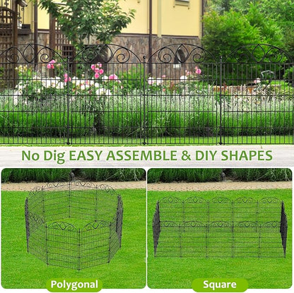 10 Panels No Dig Tall Garden Fence with Gate – 44" H X 23.6' L Rustproof Metal Dog Fence Outdoor for Yard, Decorative Animal Barrier Fence for Pet, Garden Border, Patio, Flower | Temporary Fencing