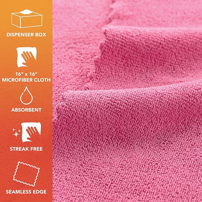 Arkwright Smart Rags in Box - (Pallet of 8000) Lint Free, Large Microfiber Cleaning Cloth, Scratch & Streak-Free, Dispensable Wash Towels for Cars, Kitchen, and Window Glass, 16 x 16 in, Pink