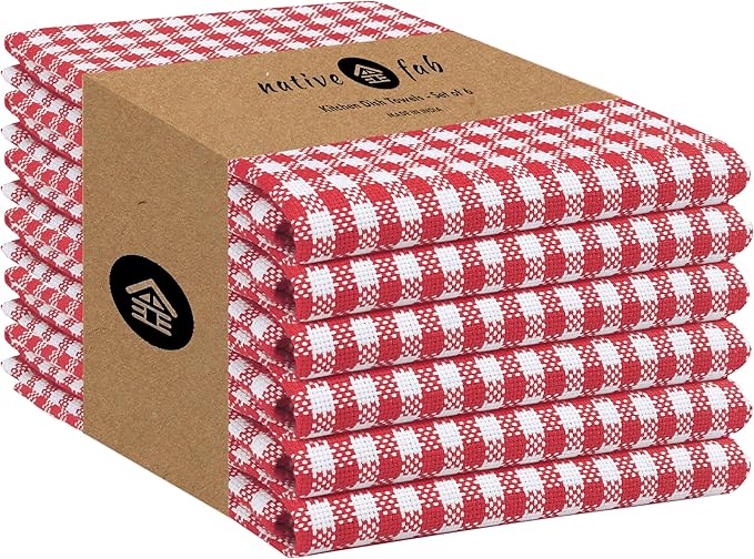Native Fab 6 Pack Kitchen Towel with Hanging Loop 16x26 inches, Cotton Gingham Check Dish Towels for Cleaning & Drying Dishes, Absorbent Cloth Rags, Bar Towel, Dish Cloth Set, Red White