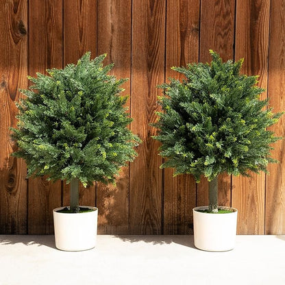 Premium 16" Diameter Artificial Cypress Topiary – Set of 2 Faux Plants in Beige Decorative Planters – UV-Resistant, Weatherproof, Realistic Outdoor & Indoor Greenery
