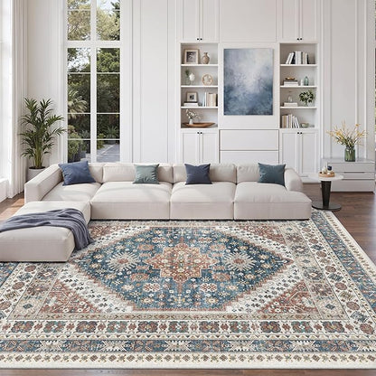zesthome 9x12 Area Rugs,Stain Resistant Washable Rug,Ultra-Thin Rugs for Living Room,Bedroom,Non-Slip Backing Home Decor Large Area Rug (Navy Blue/Red,9'x12')