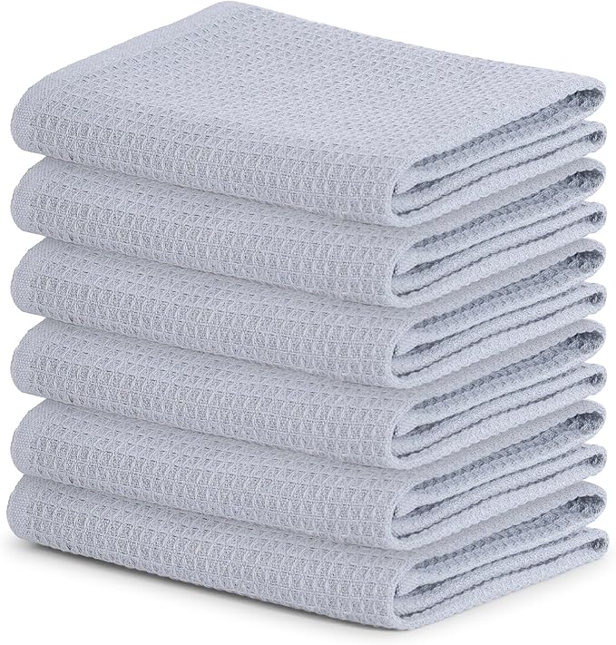 Blue Needles Waffle Weave Kitchen Towels, 15x25 Inches 100% Cotton Set of 6 Dish Towels for Kitchen, Ultra Soft & Absorbent with Hanging Loop, Spring Summer Dish Rags for Quick Drying - Ash Grey