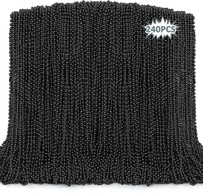 Black Beads, 240PCS New Years Eve Black Necklaces Accessories, 33" Mardi Gras Beads Necklace Costume Bulk, Festival Parade Throw for Halloween Wedding Party Events Supplies Decorations