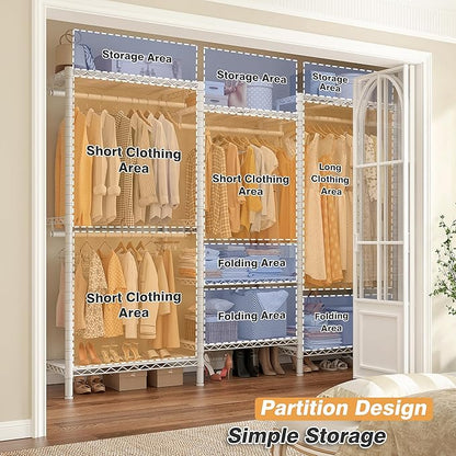 Raybee Heavy Duty Clothes Rack Load 900Lbs, Clothing Rack for Hanging Clothes for Bedroom 77" H x 69'' W x 16'' D,White