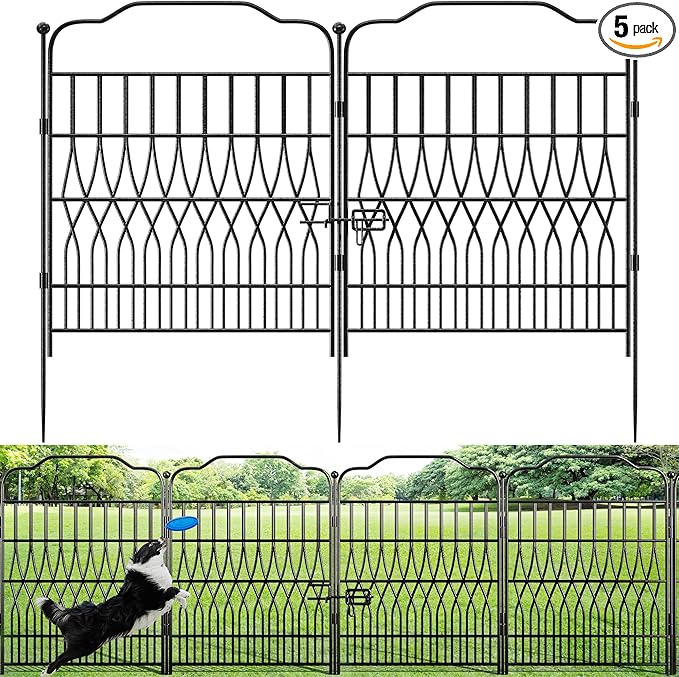 Bepatio 5 Panels Tall Garden Fence with Latch, 43.3in (H) x 14.8ft (L) Dog Fence Outdoor for Yard, Arc Metal Fencing Panels, Durable Animal Barrier Fencing for Outdoor, Patio, Flower Bed