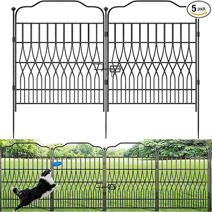 Bepatio 5 Panels Tall Garden Fence with Latch, 43.3in (H) x 14.8ft (L) Dog Fence Outdoor for Yard, Arc Metal Fencing Panels, Durable Animal Barrier Fencing for Outdoor, Patio, Flower Bed
