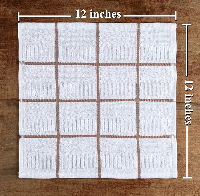 Sticky Toffee Cotton Dishcloths Set of 8, Brown and White, 12 x 12 in, Absorbent Reusable Tea Towels and Cleaning Cloths, Oeko-Tex Cotton