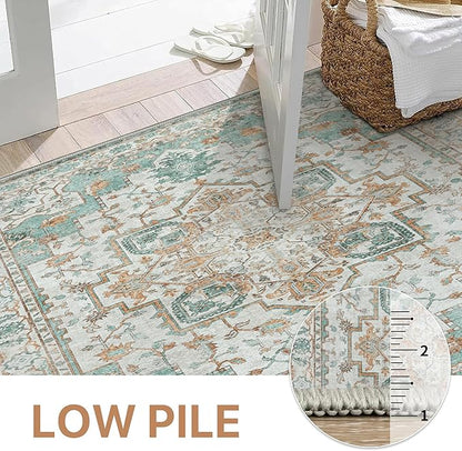 GENIMO 2‘6“x10 Runner Rugs for Hallway, Machine Washable Non Slip Vintage Rugs, Low Pile Lightweight Soft Print Rug for enrtyway, Corridor, Home Office, Kitchen, Cyan