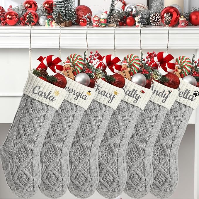 Personalized Christmas Stockings,Custom Embroidered Name+Logo Xmas Knitted Stockings 18'',Holiday and Family Stocking for Fireplace Christmas Holiday Party Decoration 1-6Pack（Grey White）