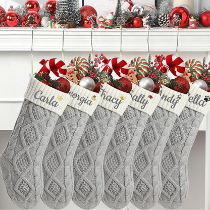 Personalized Christmas Stockings,Custom Embroidered Name+Logo Xmas Knitted Stockings 18'',Holiday and Family Stocking for Fireplace Christmas Holiday Party Decoration 1-6Pack（Grey White）