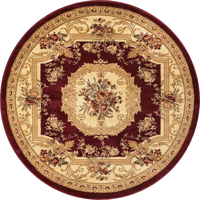 Unique Loom Versailles Collection Traditional Classic Floral Motif Area Rug (5' 0 x 5' 0 Round, Burgundy/Ivory)