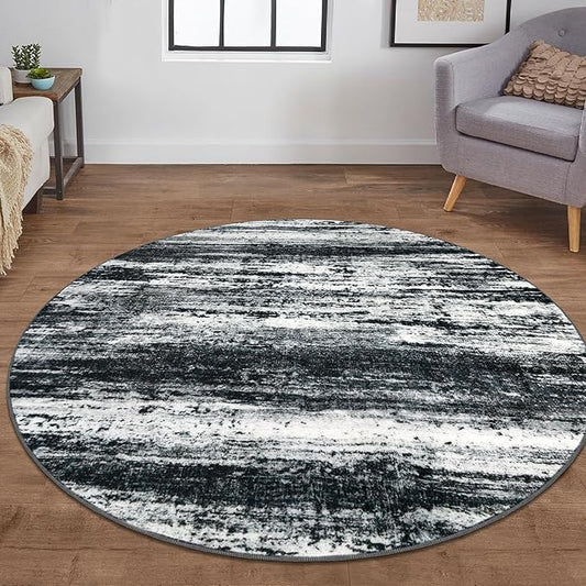 KOZYFLY Modern Abstract Washable Circle Rug 5Ft, Washable Kitchen Rug Non-Slip Soft Bathroom Round Rug, Black Navy Blue Grey Striped Entryway Rugs Faux Wool Doormat for Bedside Entrance Bedroom Sink