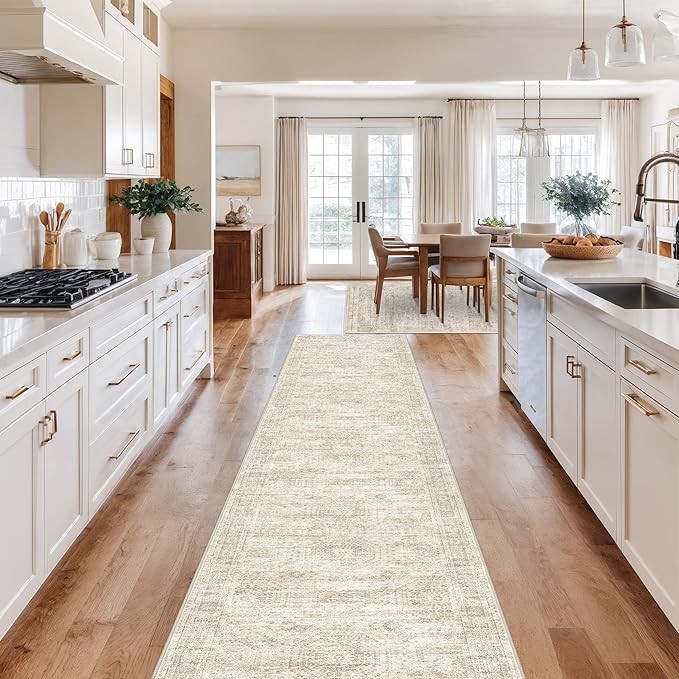 Washable Runner Rug 2.5x12, Non-Slip Long Bathroom Rugs Runner for Kitchen, Living Room, Bedroom, Soft Vintage Washable Rug for Entryway, Thin Floor Mat for Dining Room(2.5'x12', Beige/Ivory)