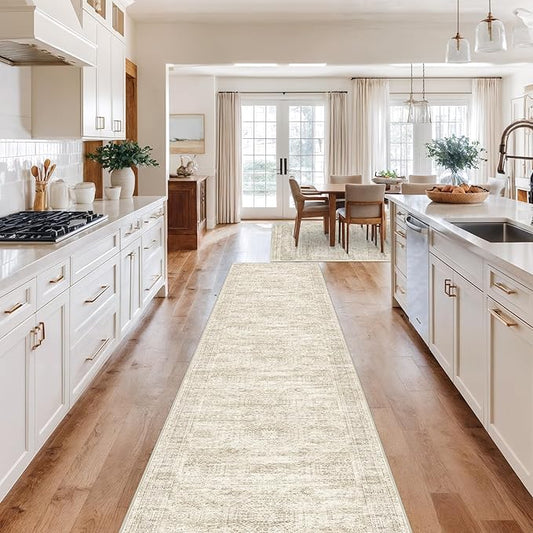 Washable Runner Rug 2.5x12, Non-Slip Long Bathroom Rugs Runner for Kitchen, Living Room, Bedroom, Soft Vintage Washable Rug for Entryway, Thin Floor Mat for Dining Room(2.5'x12', Beige/Ivory)
