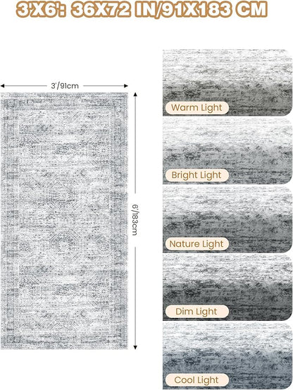 3x6 Runner Rug Non Slip, Thin Entryway Washable Rug for Entryway, Runners for Hallways, Low Pile Vintage Abstract Soft Rugs for Living Room, Kitchen, Bedroom (3'x6', Grey/Ivory)