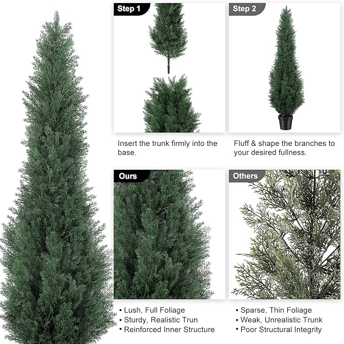 5FT Artificial Cedar Trees - Realistic Faux Evergreen Topiary Bushes Plants - Outdoor Potted Fake Cypress Shrubs for Front Porch Garden Home Decor - Set of 2